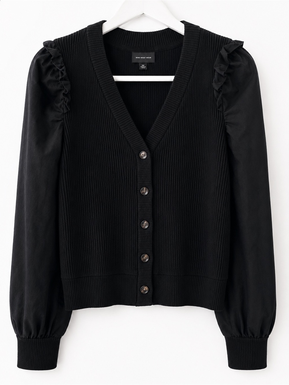 Who What Wear Black V-Neck Ruffle Shoulder Cardigan Button Front medium